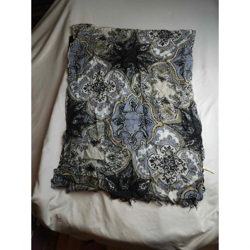 Collection XVIII Paisley Medallion Oversized Scarf Wrap Black Blue Gold Fringe